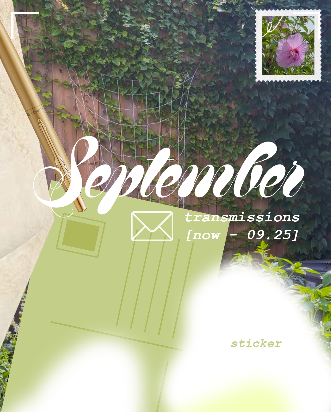 A digital graphic template styled like a September postcard or letterhead, featuring a light green background with the word 'September' in white script, a small envelope icon with 'transmissions [now - 09.25]', a postage stamp in the top right corner, and decorative text overlays.