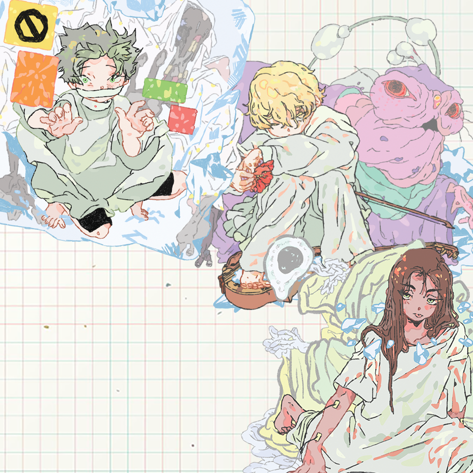 A pastel anime-style illustration featuring three characters in light-colored robes sitting on a grid-paper background, with a pink creature and small colorful blocks around them.