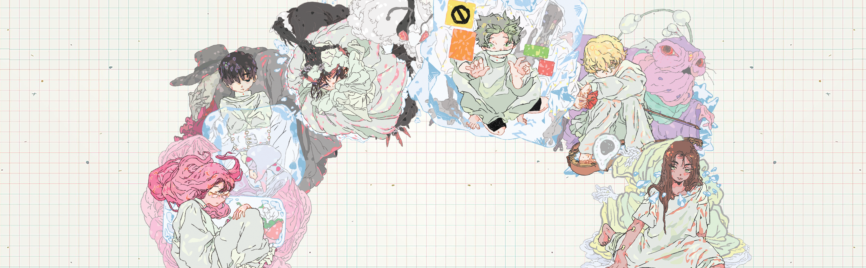 Collage of animated singer characters in various poses on a grid background