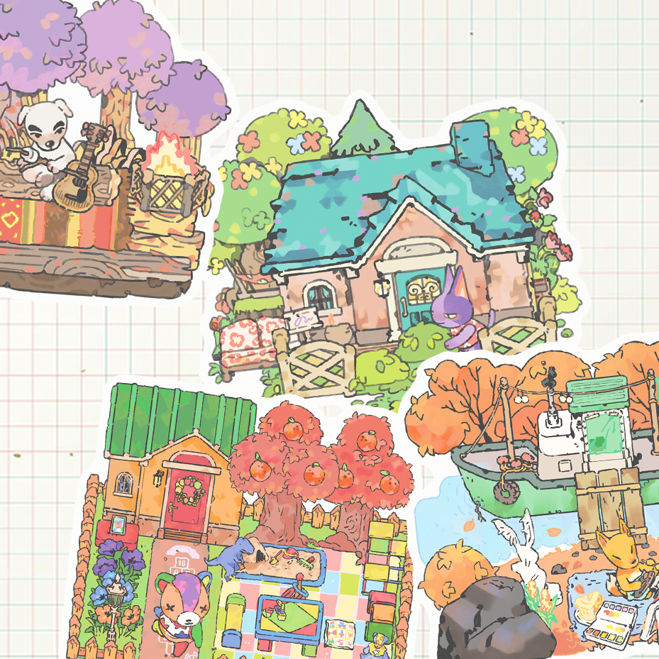 A sheet of cute illustrated stickers featuring cozy cartoon houses, animals, trees, and small scenes on a light grid background.