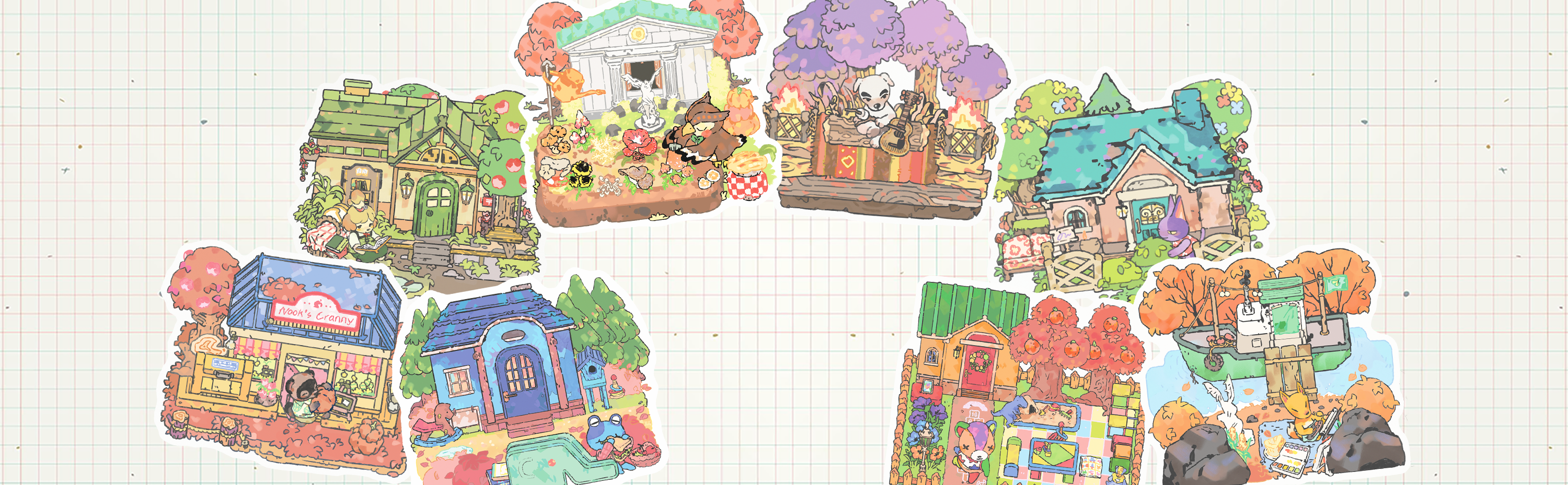 Colorful miniature houses with animal villagers on a grid background