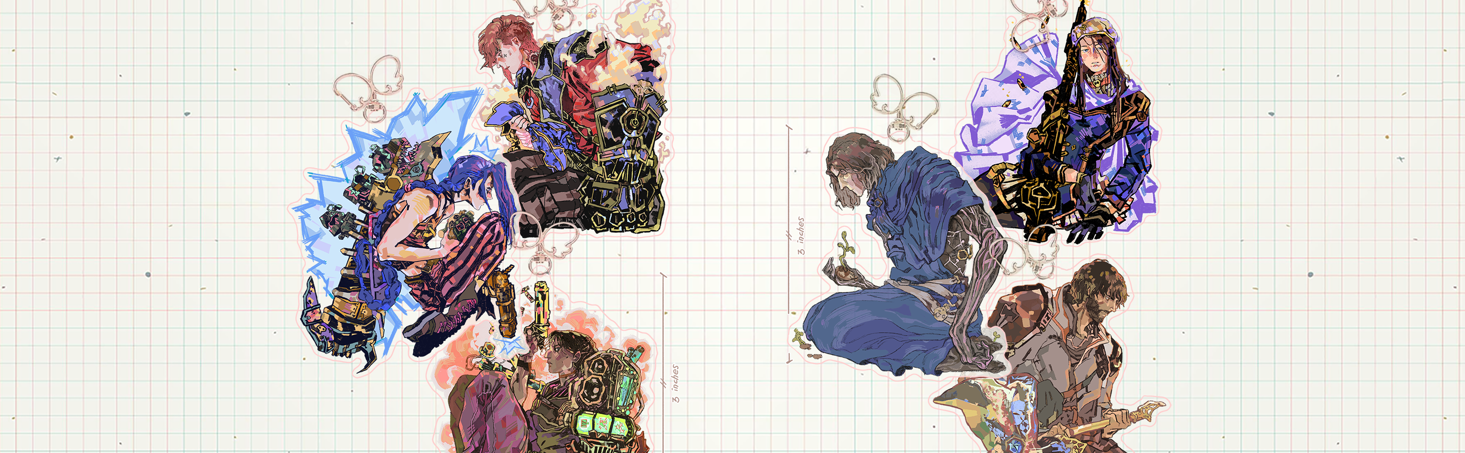 A sheet of white graph paper featuring multiple colorful game and anime-style character illustrations arranged in two main groups, with butterflies and decorative elements around them.