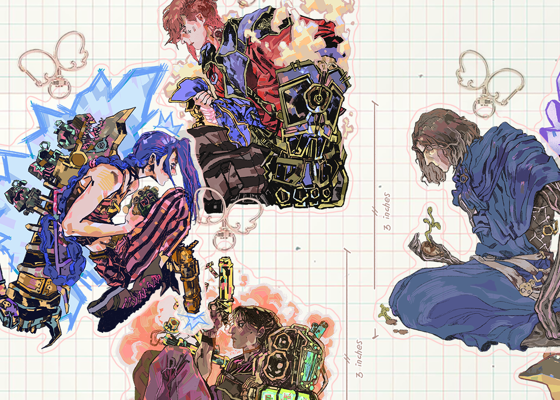 A collage of multiple anime-style character illustrations arranged on a white graph-paper background. The artwork includes several figures in colorful outfits with blue, purple, pink, green, and brown tones, plus small butterfly motifs and decorative elements.