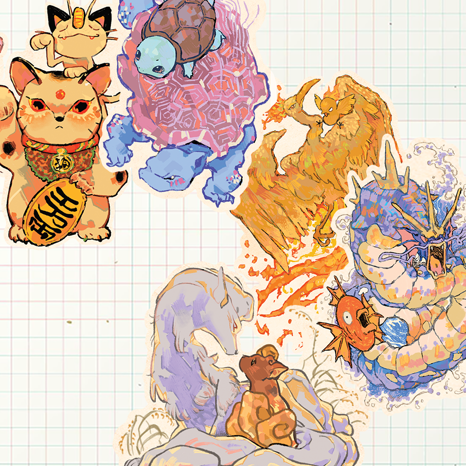 A watercolor-style illustration on graph paper featuring multiple animal characters and elemental motifs: a raised-arm cat, a turtle, a fire dragon, a blue dragon, and a small creature resting on clouds, all rendered in soft pastel and bright hues.